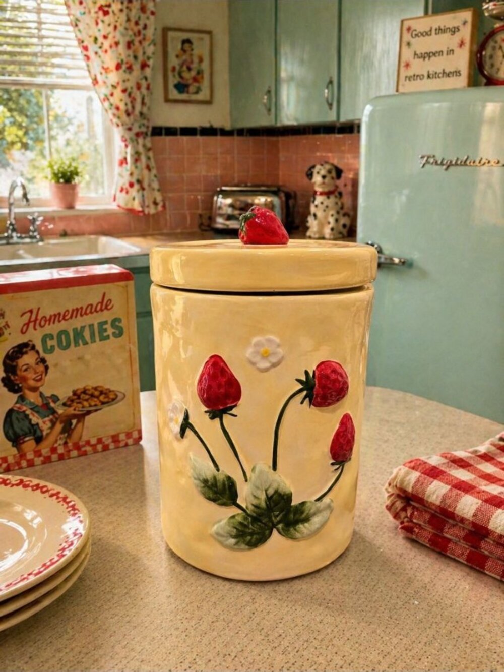 New Yellow Retro 1950s Strawberry Ceramic Cookie Jar Kitchen Storage Room Decor